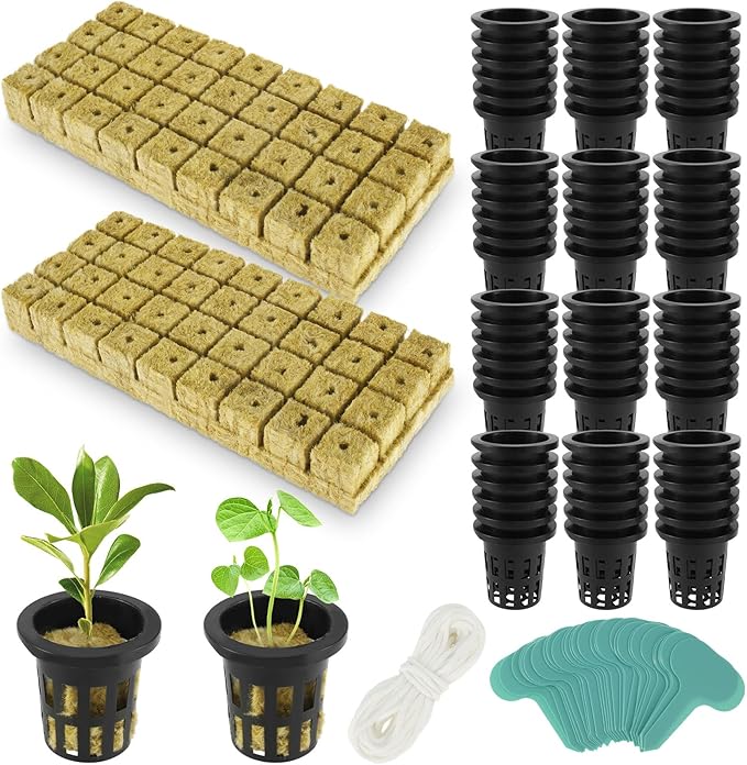 72 Set Rock Wool Cubes for Hydroponics Growing System 1.5inch Rock Wool Planting Cubes with 72 Net Cups 30 Label Good Absorption Hydroponics Mesh Net Cup Kit for Home Balcony Yellow