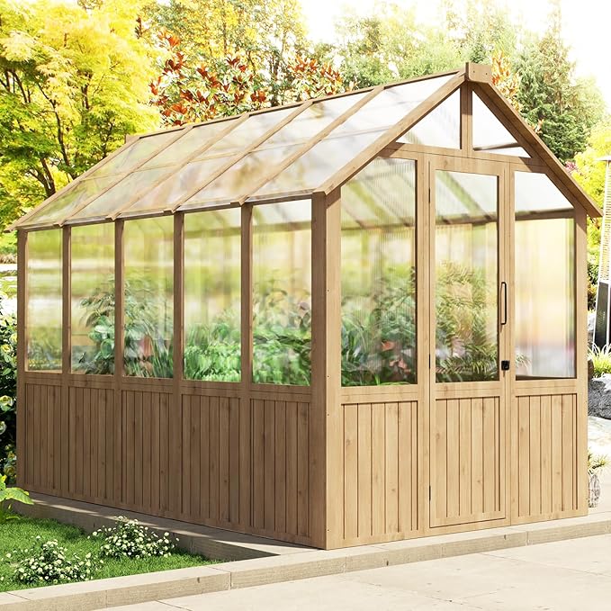EBE 6'x10' Greenhouse for Outdoor Wooden Walk-in Greenhouse with Polycarbonate Panel and Adjustable Roof Vent Garden Greenhouses for Patio Yard and Backyard