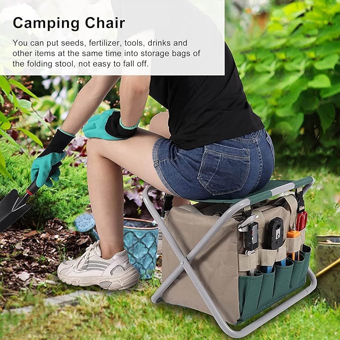 Garden Folding Stool Foldable Multipurpose Chair with Tools Storage Bag Large LIDacity for Greenhouse Fishing Camping and Travel