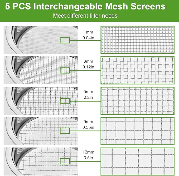 Soil Sieve Stainless Steel Riddle Sieve Set 9.5 Diameter Garden Sifter with 5 Filter Mesh Sizes 135912mm and Bonsai Soil Scoops Gardening Tool