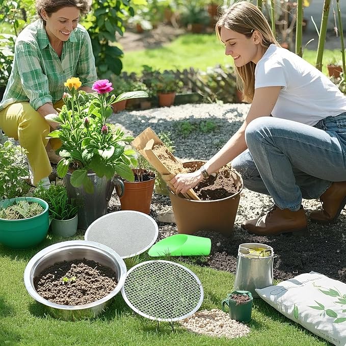 Soil Sieve Stainless Steel Riddle Sieve Set 9.5 Diameter Garden Sifter with 5 Filter Mesh Sizes 135912mm and Bonsai Soil Scoops Gardening Tool