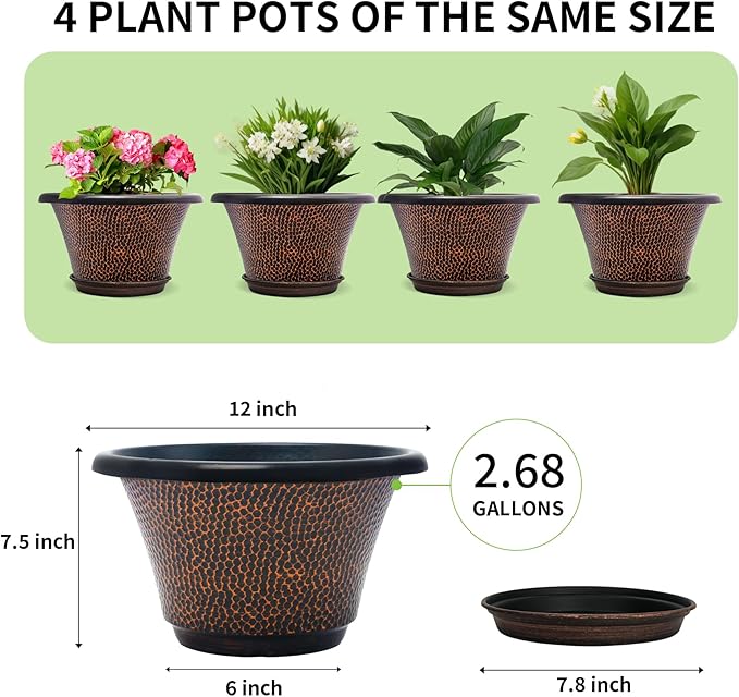 Quarut 12 Inch Pots for Plants4 Pack Large Flower Pots with Drainage Hole &amp SaucerModern Planters for Indoor Outdoor PlantsDecorative Resin Garden Pots Brown