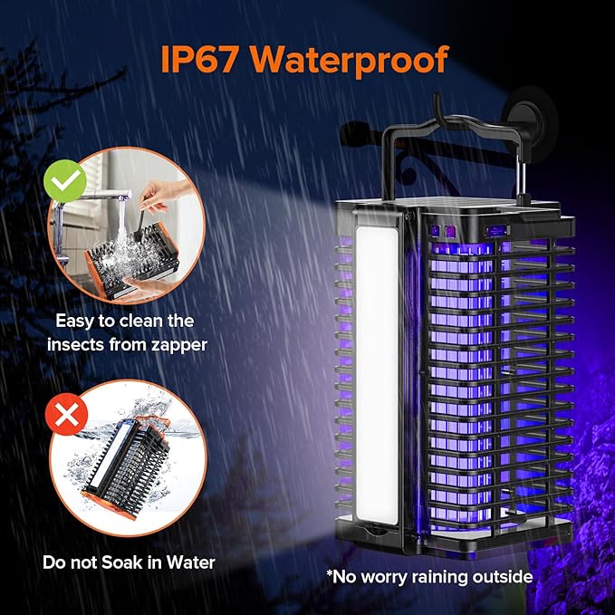 Bug Zapper Outdoor Indoor 4200V Electric Mosquito Zapper with LED Reading Lamp Rechargeable Fly Zapper Waterproof Insect Trap for Home Backyard Garden Patio Camping Black
