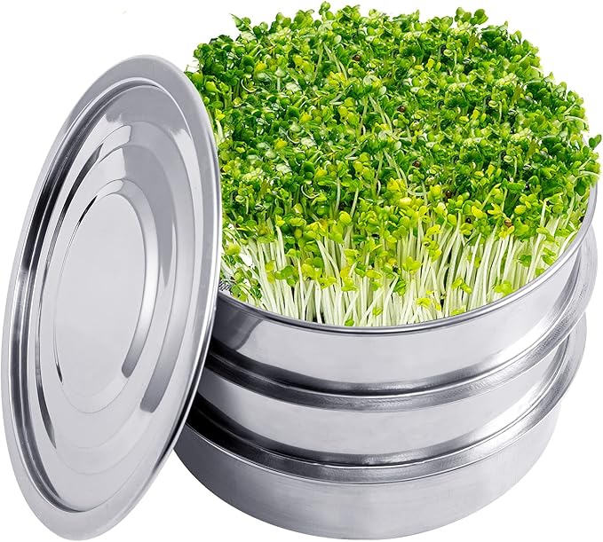 Aulock Stainless Steel Seed Sprouting Kit - 3-Tier Microgreens Growing Tray 7.9 in Dia Stackable Round Sprouter Maker with Encrypted Mesh Sprouts Grower for Beans Broccoli Alfalfa Seeds Wheat Grass