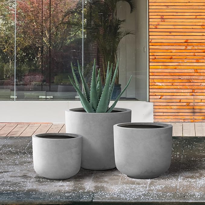 Kante 13119 Dia Natural Concrete Round Planters (Set of 3) Outdoor Indoor Modern Planter Pots Lightweight Weather Resistant Seamless with Drainage Hole