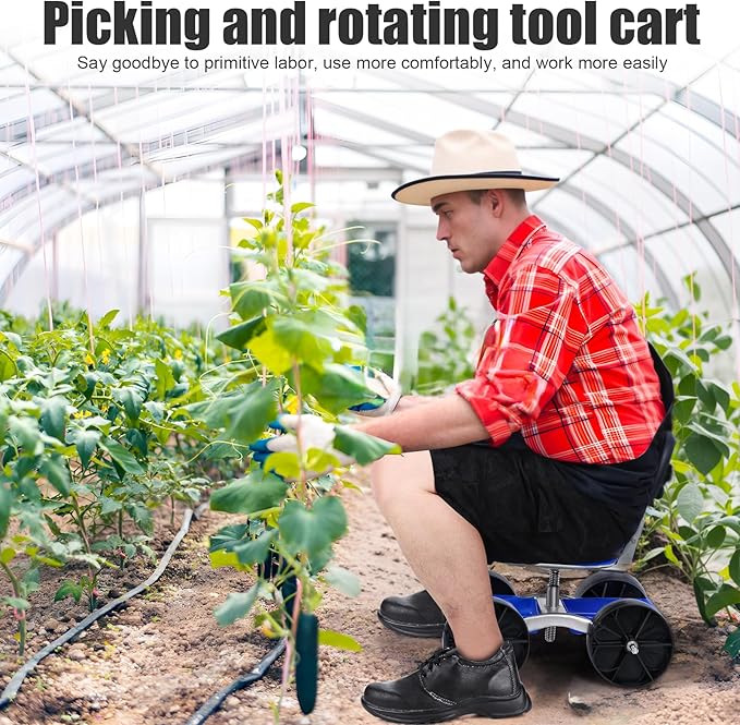 Rolling Garden Seat with Wheels Gardening Stool for Planting Foldable 360 Degree Picking Rotary Tool Garden Cart with Storage Shelf Adjustable Height Blue