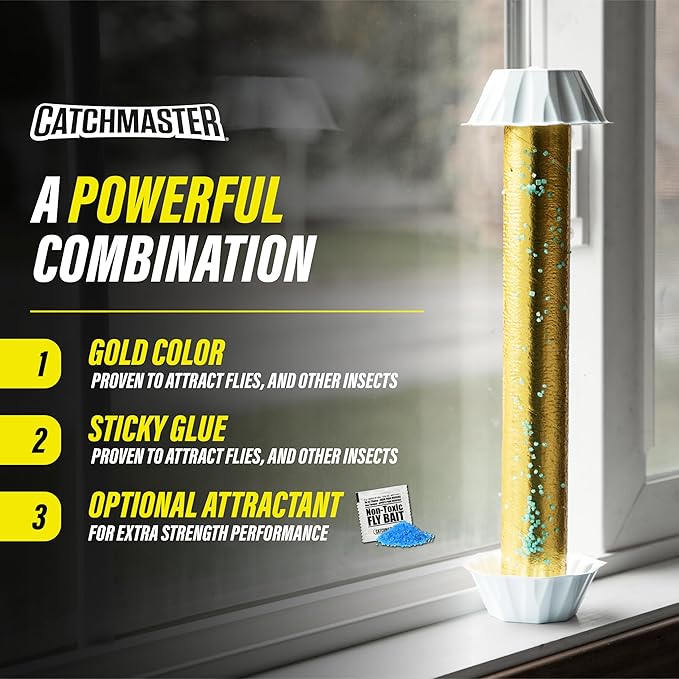 Catchmaster Gold Stick Fly Trap 4-Pk Bug &amp Fruit Fly Traps for Indoors &amp Outdoors Premium Adhesive Mosquito Gnat &amp Bug Catcher Insect Killer Bulk Pest Control for Home