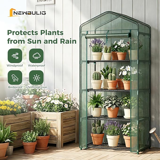NEWBULIG 4-Tier Mini Greenhouse for Outdoors Small Green House with Sturdy Frame and Durable Green PE Cover Portable Greenhouse for Outside and Indoor Use 27.17 x 19.29 x 63.4 Inches