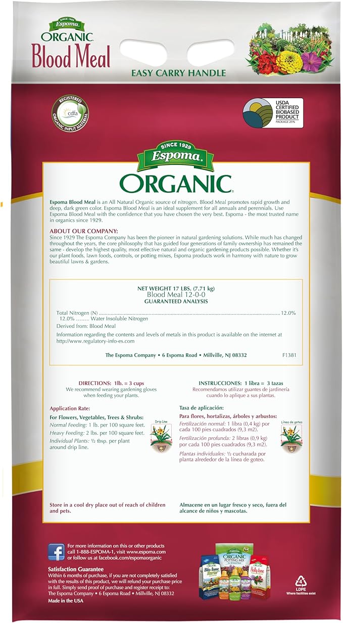 Espoma Organic Blood Meal Fertilizer 12-0-0. All-Natural Plant Food Source of Nitrogen for Organic Gardening. for Flowers Vegetables Trees &amp Shrubs. 17 lb Bag.