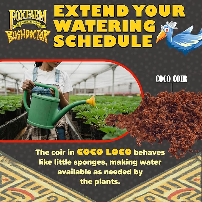 FoxFarm Bush Doctor Coco Loco Potting Mix 2cu ft - Extends Your Watering Schedule Triple-Washed to Reduce Salt Content - Perfect for Cultivating Vigorous Plants