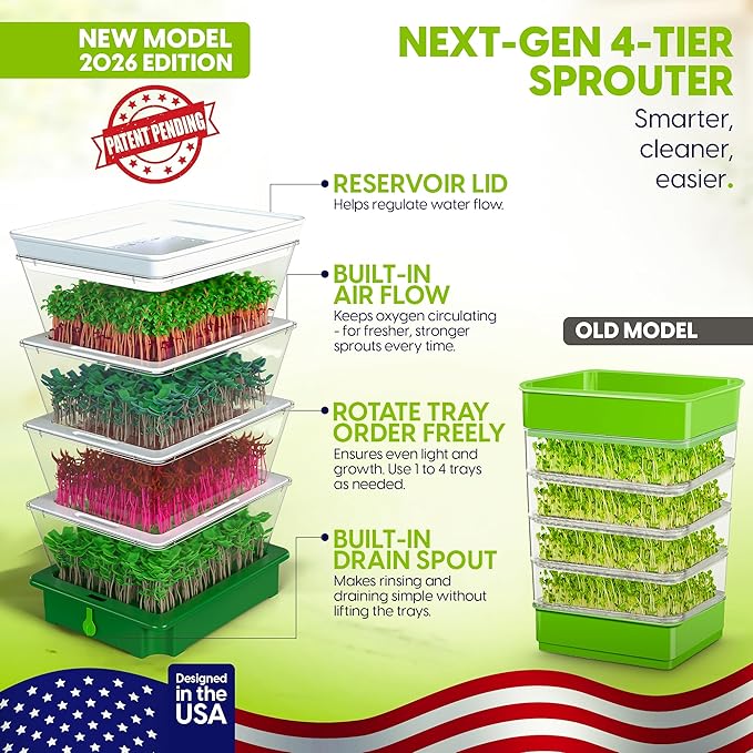 2026 Upgraded 4-Tier Stackable Seed Sprouter with Air Holes &amp Easy Sink-Draining Spout Tray – Soil-Free Sprouting System for Broccoli Alfalfa &amp Bean Sprouts.