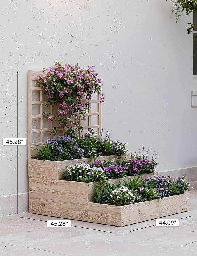 3-Tier Elevated Garden Planter Wooden Vertical Raised Bed with Trellis &amp Drainage Base – Ideal for Climbing Plants Flowers Herbs Vegetables – Outdoor Planter Box for Patio Yard or Lawn
