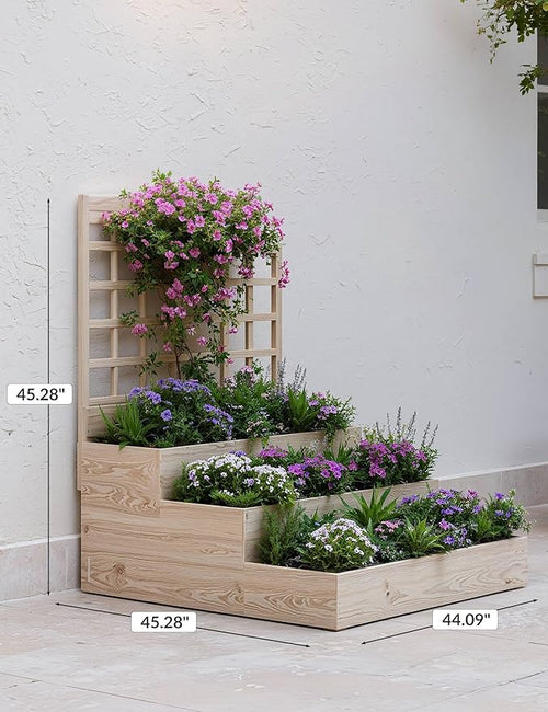 3-Tier Elevated Garden Planter Wooden Vertical Raised Bed with Trellis &amp Drainage Base – Ideal for Climbing Plants Flowers Herbs Vegetables – Outdoor Planter Box for Patio Yard or Lawn