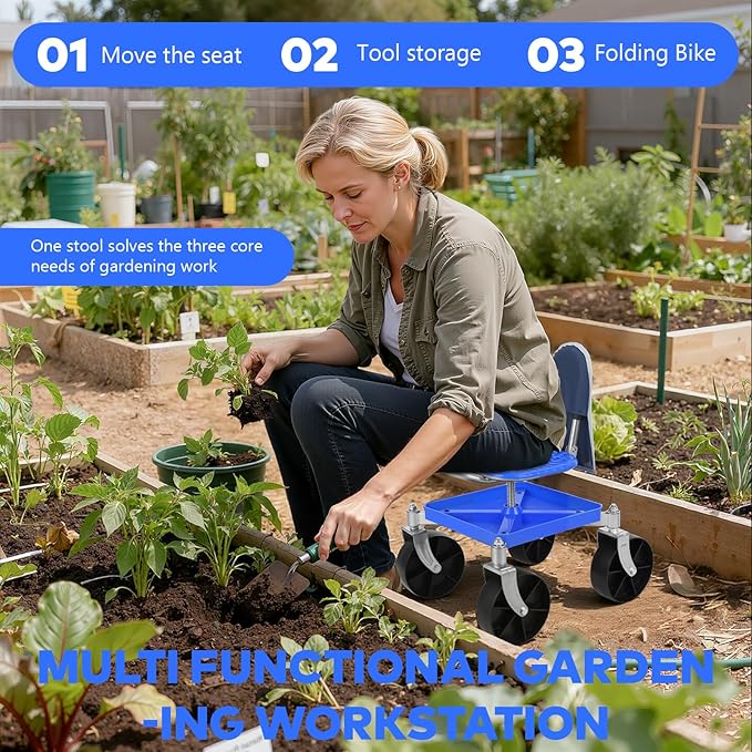 Rolling Garden Cart on Wheels Foldable Garden Seat Rolling Stool with Storage Shelf Adjustable Height 360 Degree Swivel Seat Outdoor Lawn Yard Work Seats Utility Stool Cart (Blue &amp Storage)