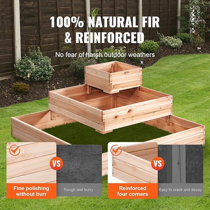 VEVOR 3 Tier Raised Garden Bed Wood Outdoor 45 x 45 x 20in High End Natural Fir Wood Planter Box Outdoor Planting Boxes for Flowers/Vegetables/Herbs in Backyard/Garden/Patio/Balcony with Open Base