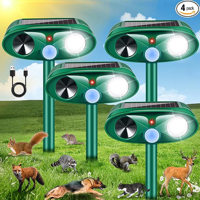 2026 Upgraded Solar Ultrasonic Animal Repellent Outdoor Cat Deer Repellent with Motion Sensor Strobe Light IP65 Waterproof Repeller Keep Rodent Squirrel Raccoon Opossum Skunk Out of Yard Farm4 Pack