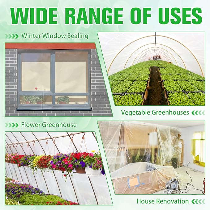 Greenhouse Plastic Film 6 Mil Thickness Greenhouse Plastic Sheeting Clear Polyethylene Film UV Resistant for Gardening Farming Agriculture (10 x 32 FT)