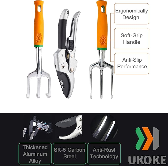 Ukoke UGP01G-7 Outdoor Tool Heavy Duty Work Ergonomic Handle for Women Men Set 7 Piece Aluminum Kit Garden Canvas Apron with Storage Pock Orange