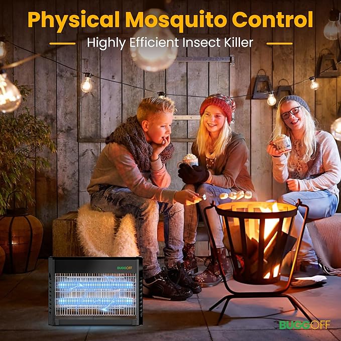 BUGGOFF Black Modern Indoor Electric Bug Zapper 800 SQFT Coverage 3500 Volts of Stunning Power 20 Watts Kills Mosquitos Gnats Flys &amp More. 5 Year Warranty X2 Free Replacment Bulb (4 Pack)