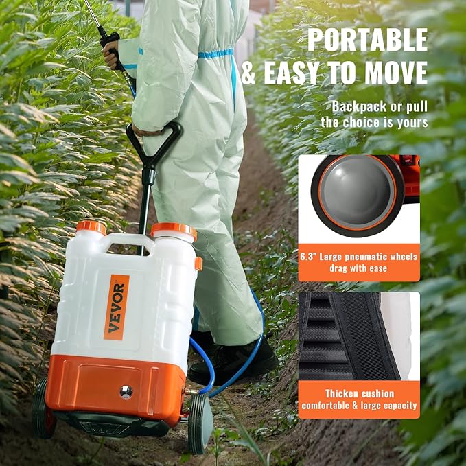 VEVOR 4 Gallon Battery Powered Backpack Sprayer with Wheeled Cart Adjustable 0-94 PSI 13FT Hose 6 Nozzles 2 Wands Included Wide Mouth Lid for Weeding Cleaning Long Spray Time Without Fatigue