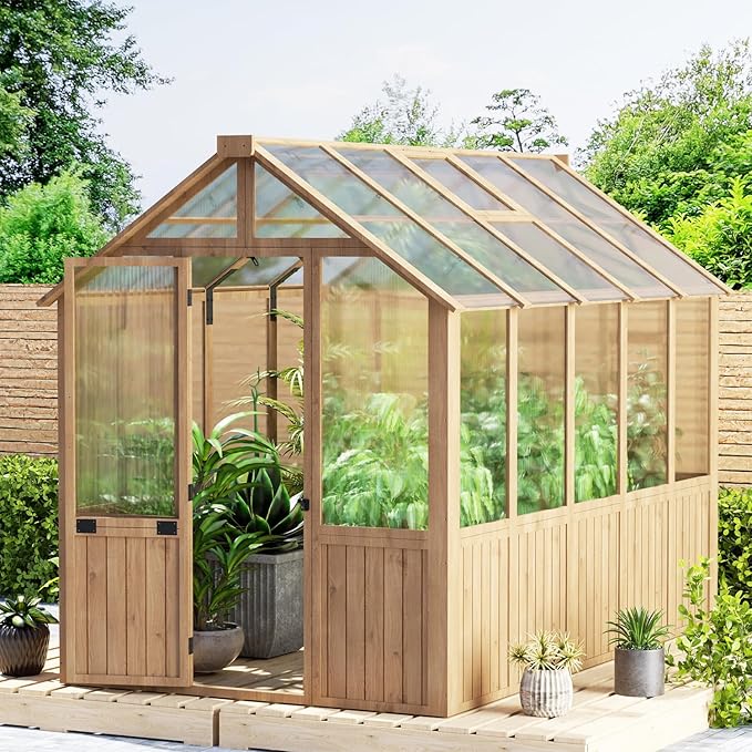EBE 6'x10' Greenhouse for Outdoor Wooden Walk-in Greenhouse with Polycarbonate Panel and Adjustable Roof Vent Garden Greenhouses for Patio Yard and Backyard