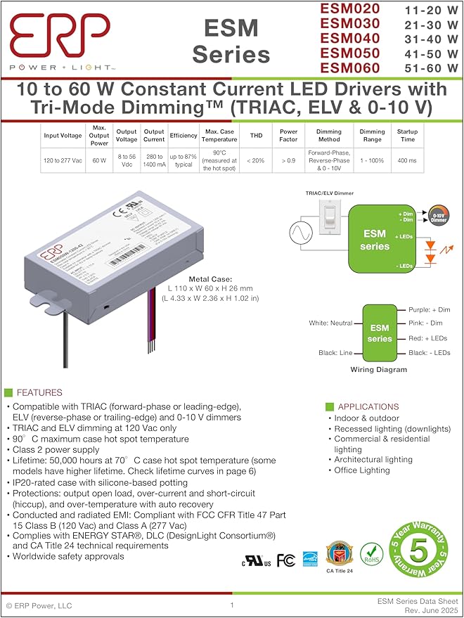 ERP ESM050W-1050-42 Constant Current LED Driver - 50W 1050mA | Universal 120-277V Input | Bottom Exit Leads with Studs