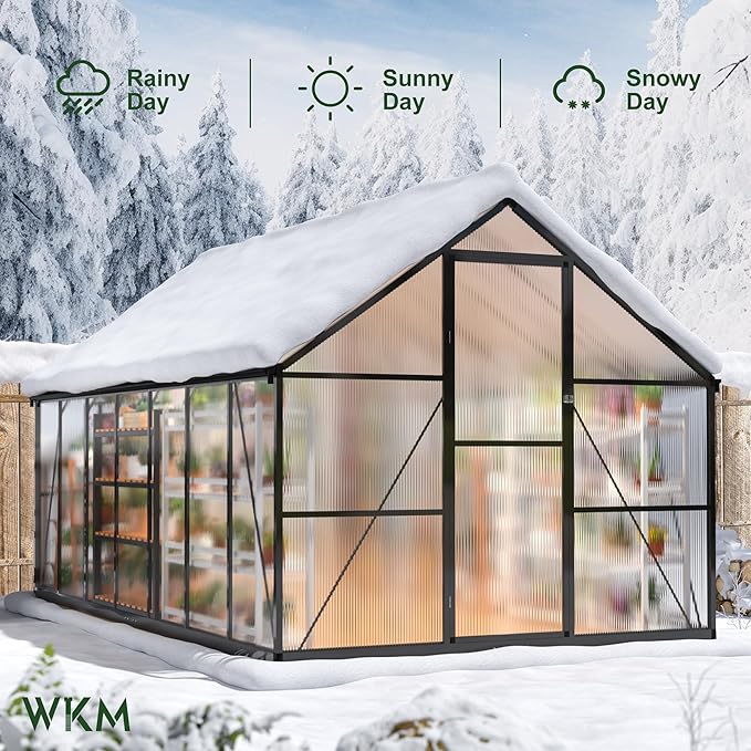 WKM Greenhouse for Outdoors 8x14 FT Walk-in Polycarbonate Greenhouse with Roof Vent and Quick Setup Structure Heavy Duty Aluminum Green House for Outsides Backyard Garden Black