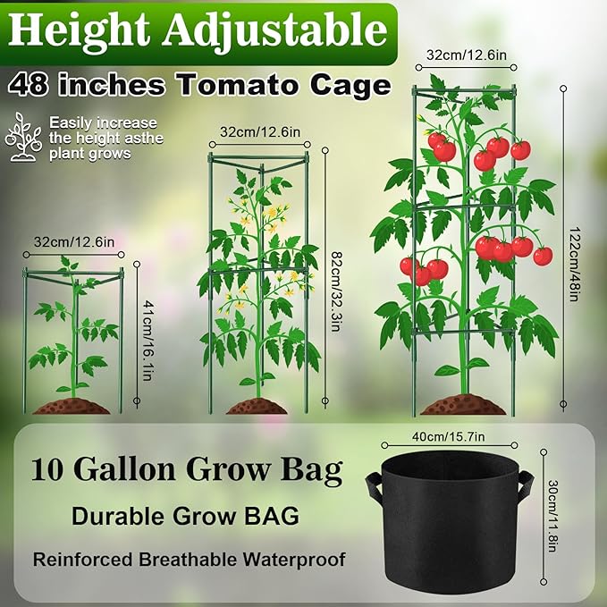 NNG 6 Packs 48 inches Tomato Cages with 10 Gallon Grow BagsGarden Plant Support CagesPlant Tower Stakes Garden Trellis for Climbing PlantsTomato Plant Trellis for Vegetable Fruits Vines
