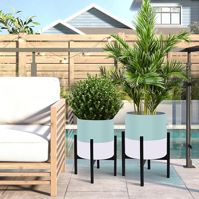 10 &amp 12 Inches Plant Pots with Stand-Large Indoor Planters with with Drainage HolesModern Planting Pots with White and Green Color Matching for Living Room Office Garden Or Balcony