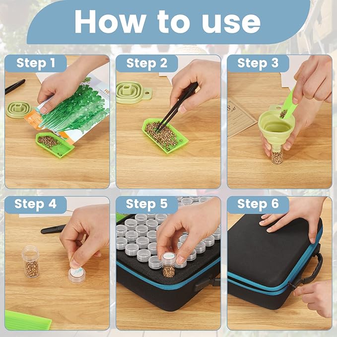 120 Slots Seed Storage Box with 25 Envelopes and Tools Large Sturdy Storage Organizer for Garden Plant Seeds Seed Bank with Zipper Label Funnel Tweezers Tray (Seeds Not Included)