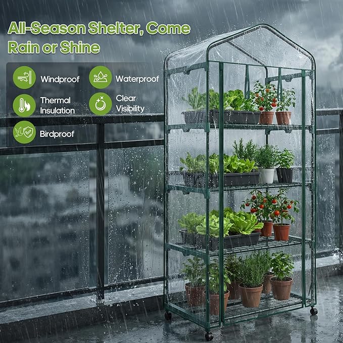 OLIXIS Greenhouse 27×19×63 4 Tier Green House with PVC Cover Roll-Up Zipper Door Wheels Portable Greenhouses for Indoor Outdoor Balcony Porch Garden Patio Backyard Green Houses (Clear)