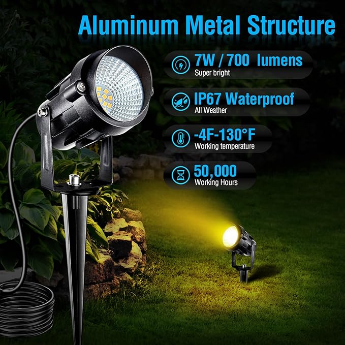7W Low Voltage Landscape Lighting with Connectors AC/DC 12-24V IP67 Waterproof 3000K Warm White Outdoor Spotlights for Yard Pathway Garden Trees (2 Pack)