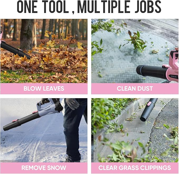 STEELITE 21V Cordless Leaf Blower 150 MPH 600 CFM High-Performance Airflow Lightweight Electric Blower for Lawn Care Patio Cleaning Leaves &amp Dust Includes 2 x 2.0Ah Batteries - Pink