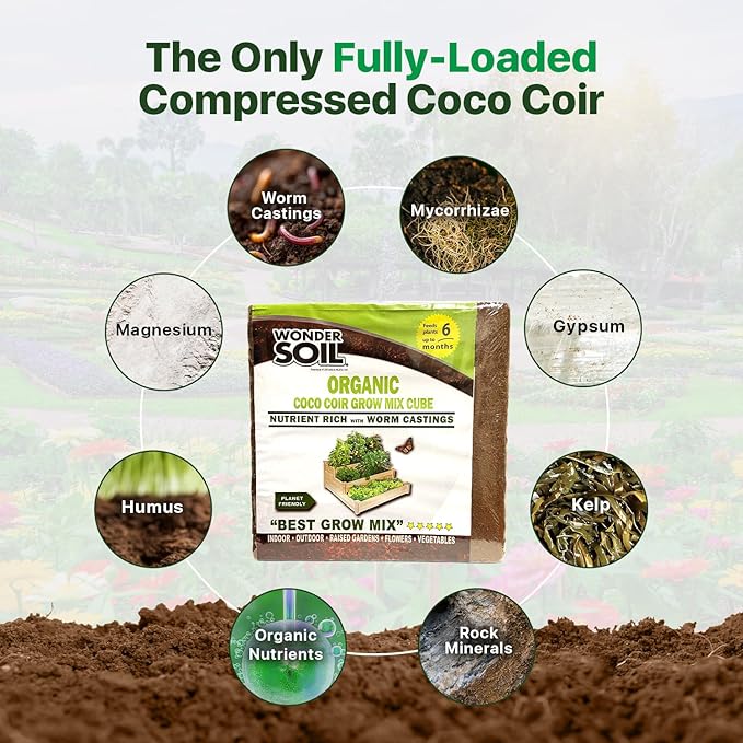 WONDER SOIL | (72 Quarts) The Only Ready to Plant Compressed Coco Coir Fully Loaded with Nutrients | Organic Coco Coir Brick/Block | 10 LBS Block Expands to 72 Quarts | Incl Worm Castings &amp Nutrie