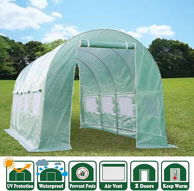 Replacement Cover for Portable Greenhouse Large Walk-in Green Hot Garden House Top Tarp 2 Zippered Doors 8 Roll-up Windows (Frame Does NOT Included) (20 x 10 x 7 ft)