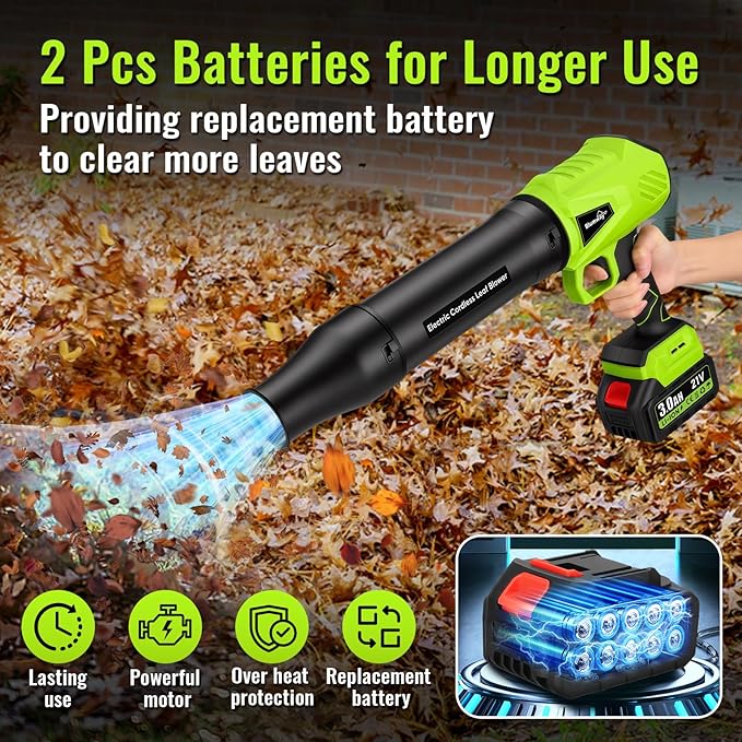 Blumway Leaf Blower Cordless with Battery 21V Handheld Leaf Blower with 3 Extended Nozzles Electric Leaf Blowers with 2 Pcs 3.0Ah Batteries Portable Leaf Blowers for Lawn Care LeavesDust Car