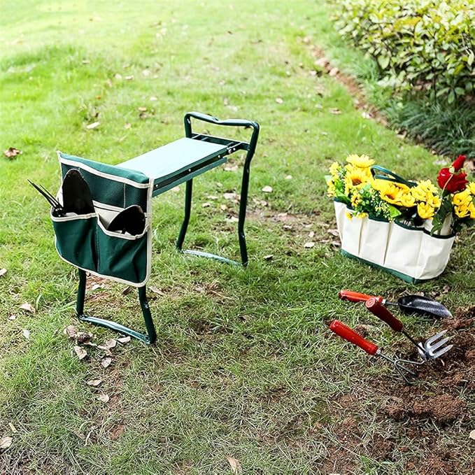 Garden Kneeler Seat Garden Stools Foldable Stool with Tool Bag Pouch EVA Foam Pad Capacity-Protects Your Knees for Gardening(Large-23.6 x 10.6 x 19.3) Tool kit（wh000005）