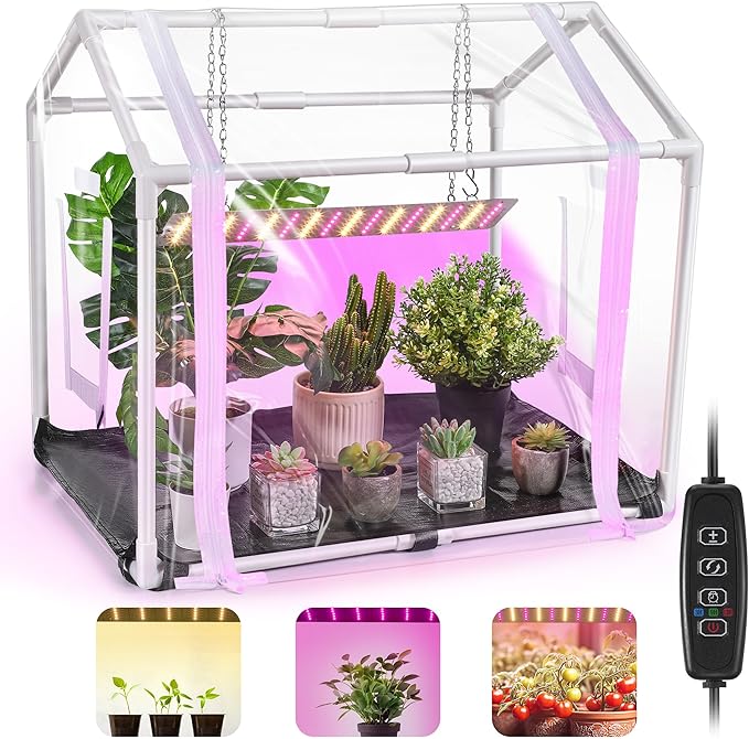 Meonum Mini Greenhouse with Grow Light 23.6 L x 15.7 W x 19.6 H Portable Greenhouse with Waterproof Bottom Mat Timer 3 Light Color Mode for Indoor Outdoor Seed Starter Tray (Mini House Shape)
