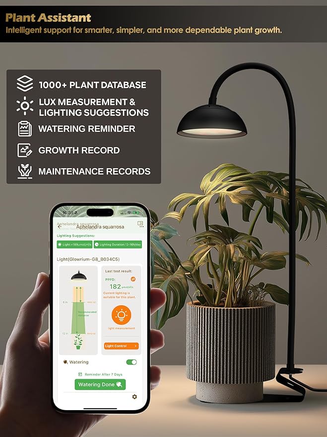 GLOWRIUM Smart Grow Lights for Indoor Plants10W Full Spectrum LED Plant Light with 3/9/12 Timer10 Dimmable LevelsHeight Adjustable Grow Light with Base (Black)