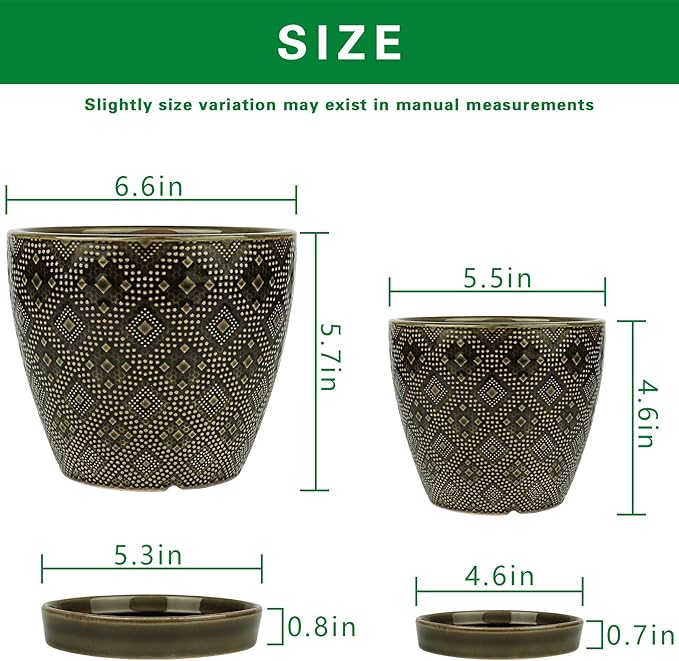 Docrin Dark Green Ceramic Planter Set - 6.6+5.5 Indoor Outdoor Pots with Drainage Holes &amp Saucers for Home Office Decor