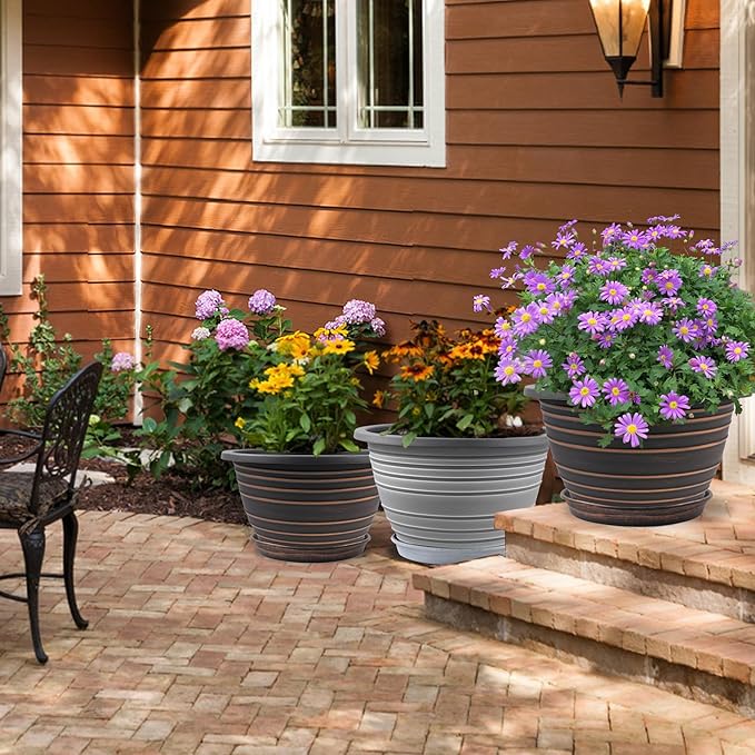 12 Inch Plastic-Flower Pot-for-Indoor Plants 3 Pack Large Planters for Outdoor Plants with Drainage Holes &amp Saucers Retro Antique Imitation Decorative Garden Pots Planters