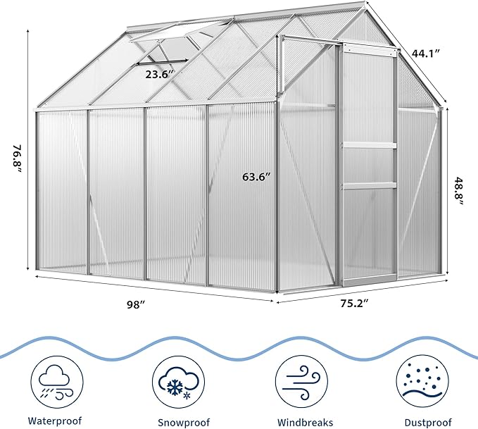CABIHOME 6 x 6 FT Greenhouses for Outside Polycarbonate Greenhouse with Aluminum Frame Sliding Door Adjustable Roof Vent Backyard Green Houses Patio Garden Black (Silver 6x8 FT)