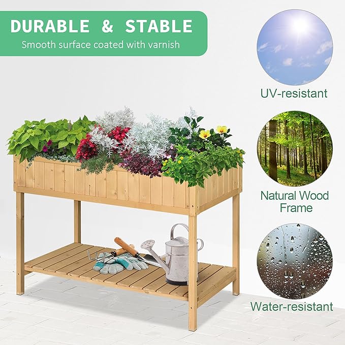 43x18x30in Raised Garden Bed with 8 Pockets and Shelf Wooden Elevated Planter Box with Legs to Grow Herbs Vegetables and Flowers Natural