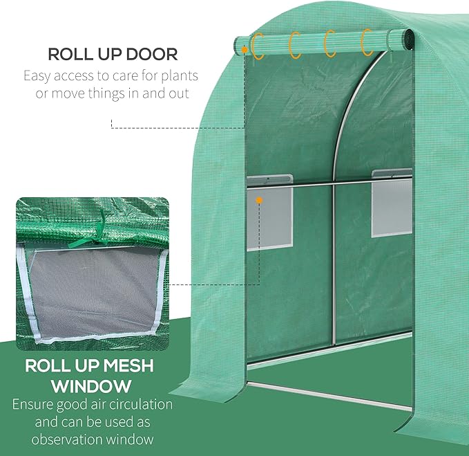 Outsunny 15' x 7' x 6.5' Walk-in Tunnel Hoop Greenhouse Green House for Outside with PE Cover Steel Frame Roll-Up Zipper Door &amp Windows for Flowers Vegetables Tropical Plants Green