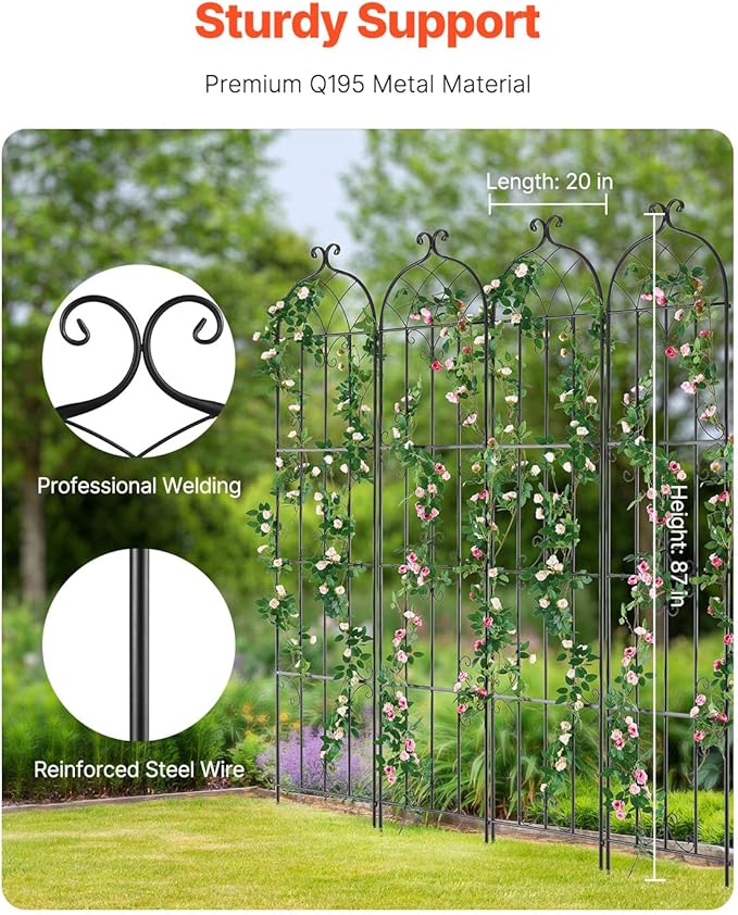 Happybuy Garden Trellis 87 x 20 in 4 Packs Rustproof Metal Garden Flower Trellis Outdoor Climbing Rose Cucumbers Support Decorative Clematis Trellis for Courtyards Lawns
