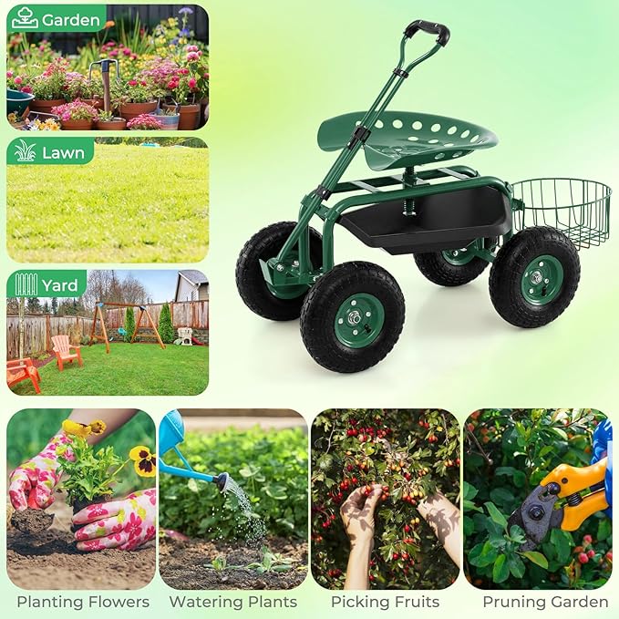 Garden Seat with Wheels Rolling Garden Stool with Extendable Handle Storage Basket &amp Tool Tray Garden Scooter with 360 Degree Swivel Seat for Outdoor Garden