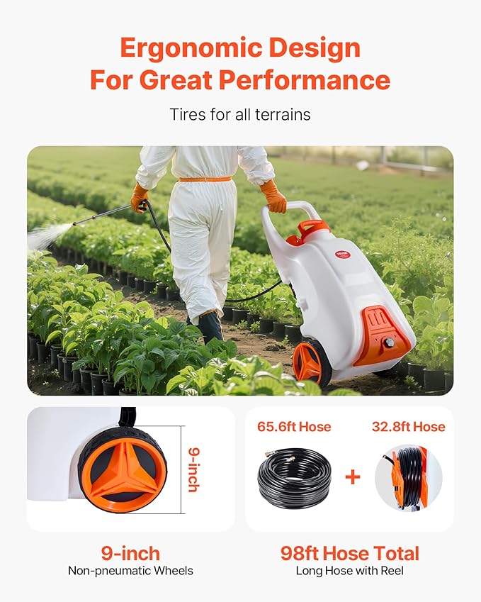 VEVOR 13.1 Gallon Battery Powered Sprayer with Wheels Adjustable 0-80 PSI 5 Nozzles and 98ft Hose Included Orange