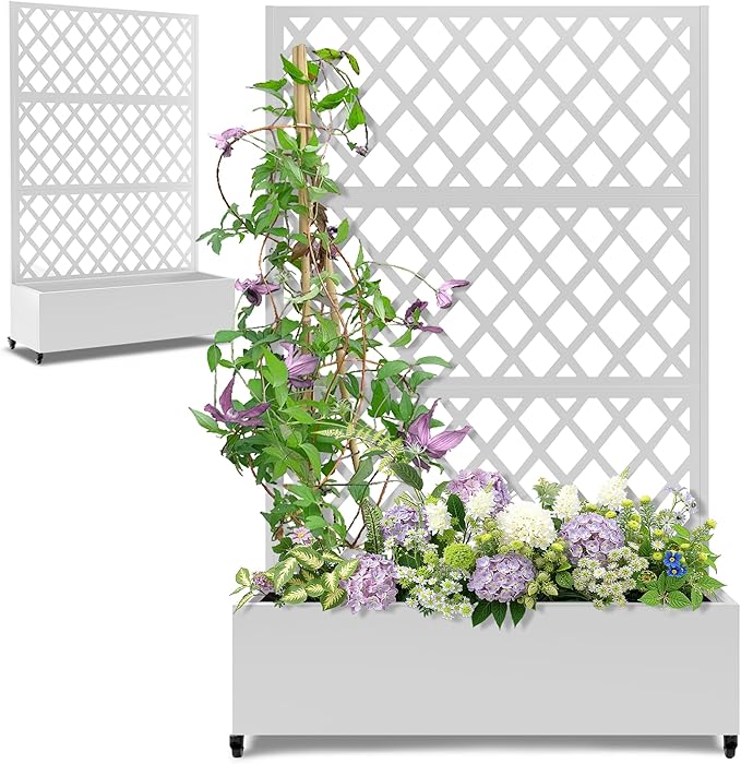 Metal Large Planter Box with Trellis for Climbing Plants Vegetables Raised Garden Bed with Privacy Screen 47L×16W×71H Garden Boxes with Wheels &amp Drainage Hole (White Diamond Lattice)