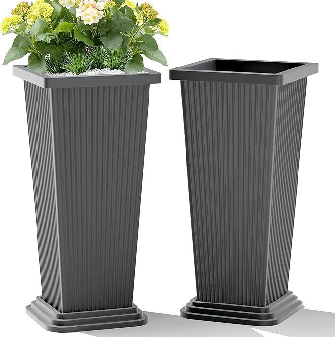 Set of 2 Tall Planters 24 Large Indoor Outdoor Flower Pots with Tray Modern Tapered Planters for Porch Patio Garden Backyard