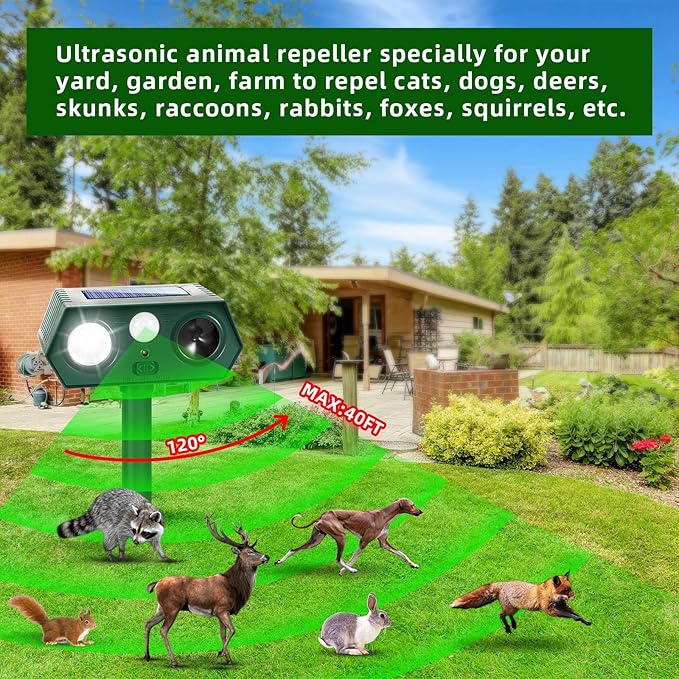 Sonic Fortress Pro Deer Repellent Devices Racoon Repellent Outdoor Squirrel Fortress Pro IP65 Animal Repeller Cat Deterrent with Motion Sensor&amp Light to Scare Bear Rabbit Skunk for Garden Yard(2)